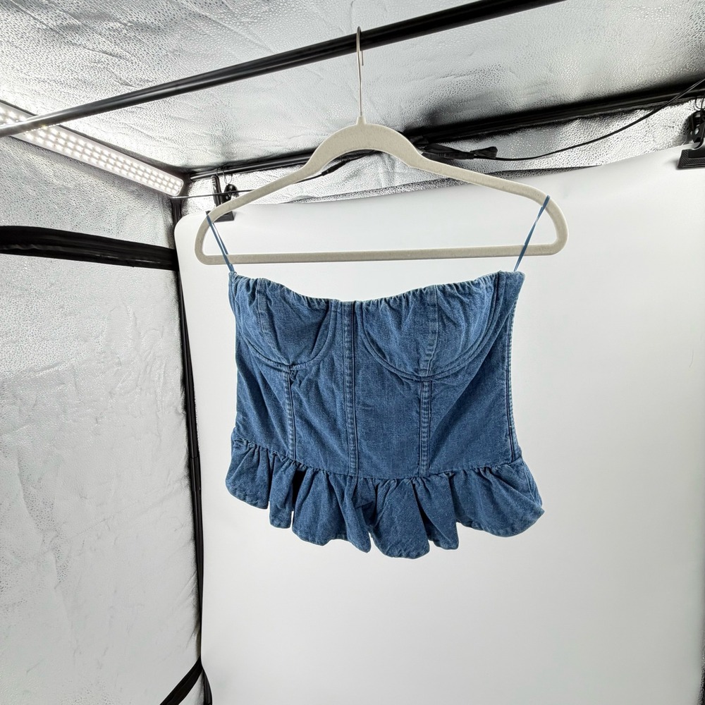 VICI Denim Corset Top XL Blue Smocked Back Peplum Bustier Strapless Zip Up